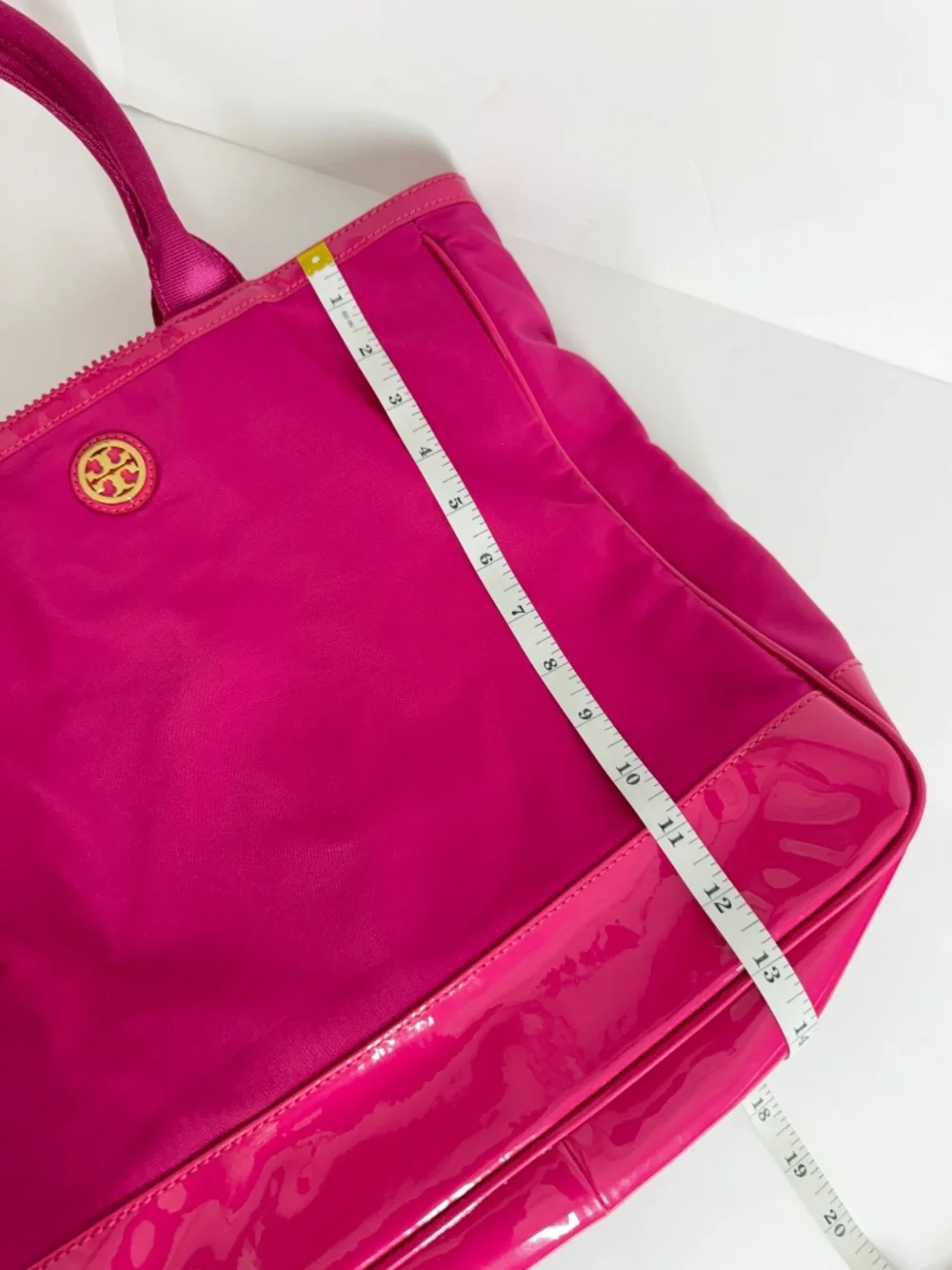 Tory Burch Womens Nylon Tote Bag Hot Pink Patent Trim Handbag Travel Work Casual